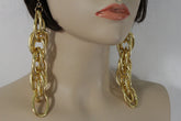 Gold Metal Chain Chunky Thick Links Hip Hop Long Drop Earrings Set